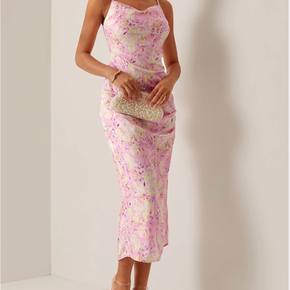 Pink and Gold Sheath Midi Dress with Spaghetti Straps